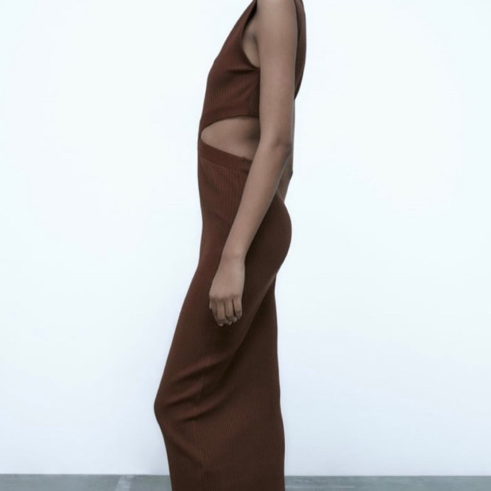 NEW Zara Women Cut Out Maxi Dress Medium Chocolate Brown Rib Knit Sleeveless - Picture 2 of 12